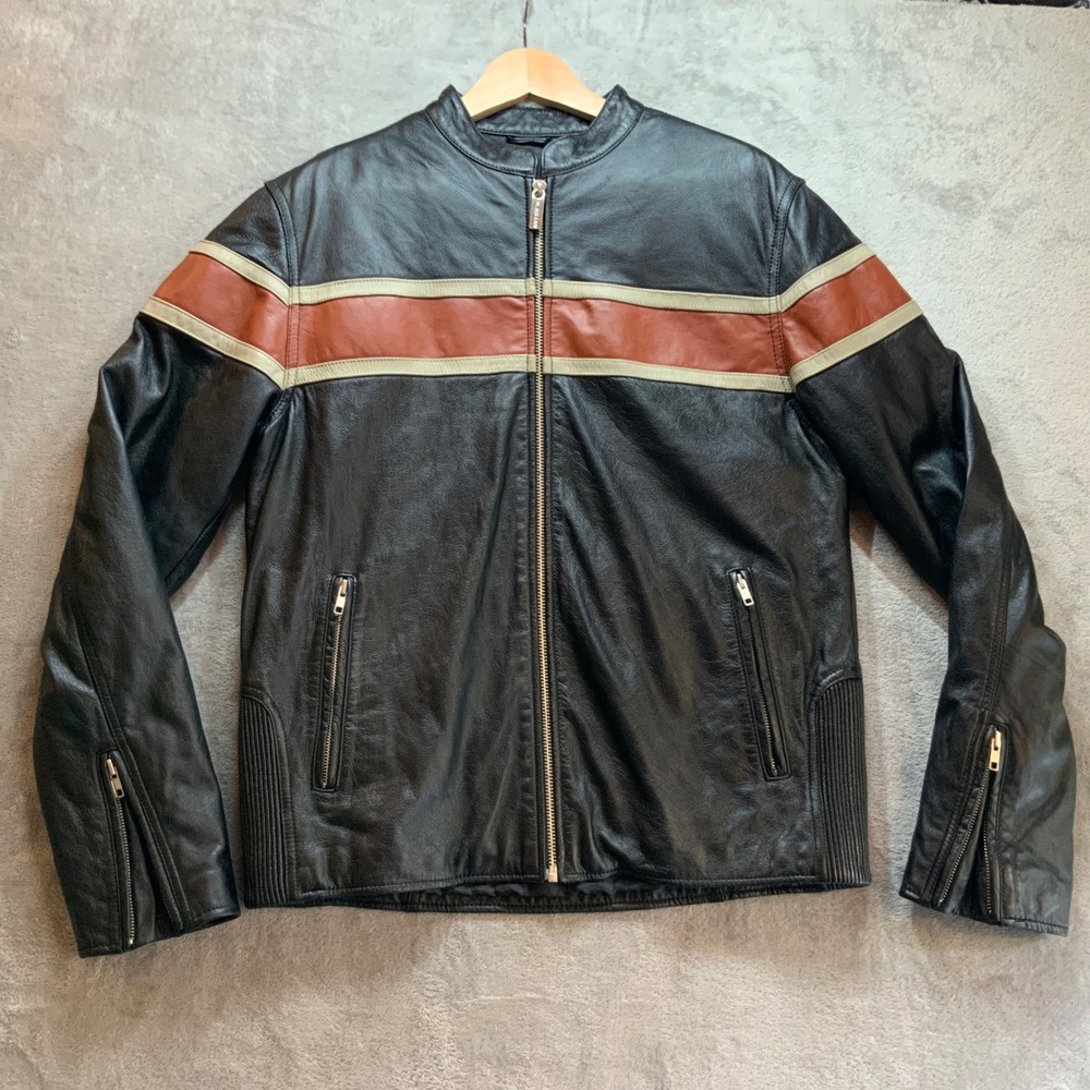 Wilsons Leather M Julian Mens Vintage Black Moto Cafe Racer Jacket Striped Med - Picture 1 of 13